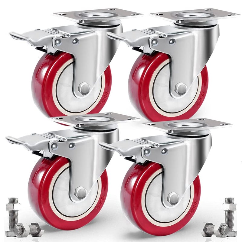 D&L 4 Inch Plate Swivel Castors Wheels 1800lbs Heavy Duty Castors with Brake Polyurethane Dual Locking Casters Set of 4 Red DL-I4-001 - Image 2